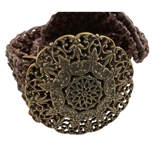 Vtg. Leather Brown Weaved Beaded Hip Hugger Belt Medalion Buckle Hippie Boho - Picture 4 of 9